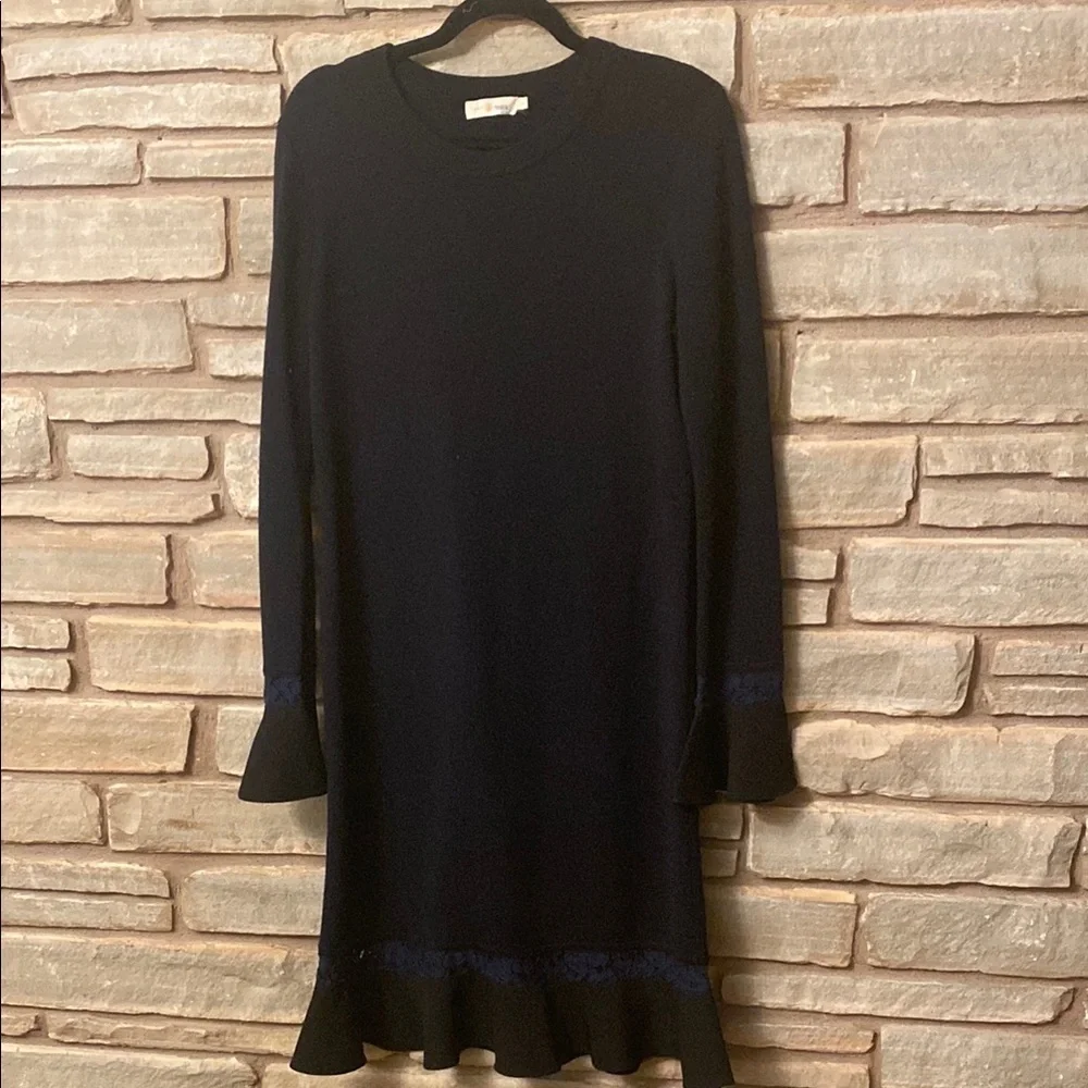 Tory Burch  Merino Wool Black Lace Hem Navy Blue Mini Dress Women Size L